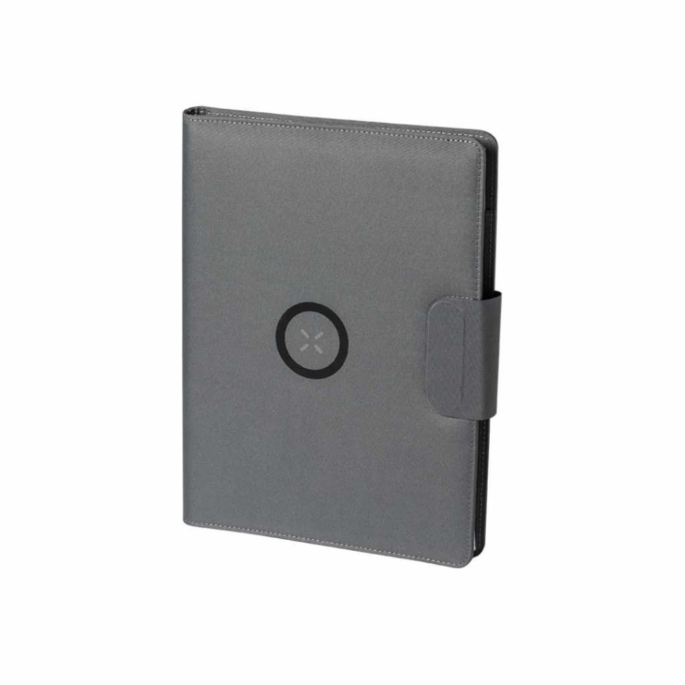 Multifunktionsmappe aus rPET mit integrierter Powerbank und Notizblock geöffnet