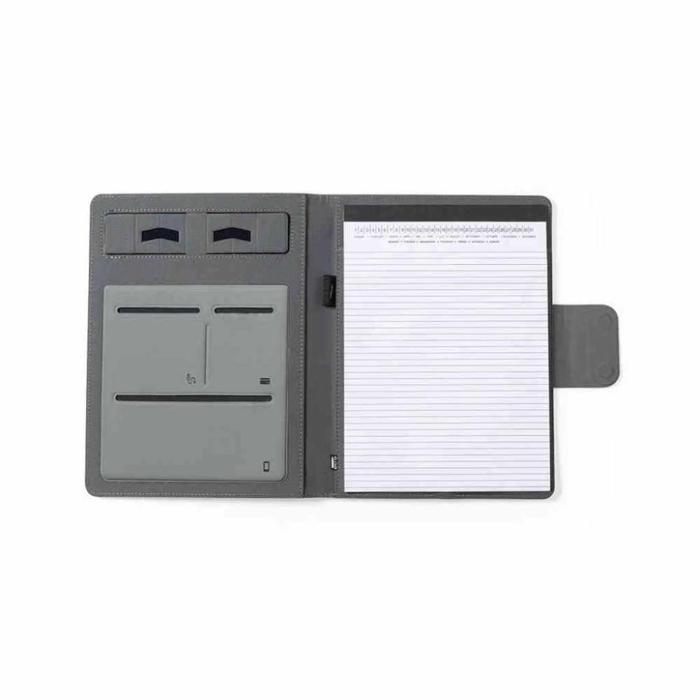 Multifunktionsmappe aus rPET mit integrierter Powerbank und Notizblock mit Beispielbestückung