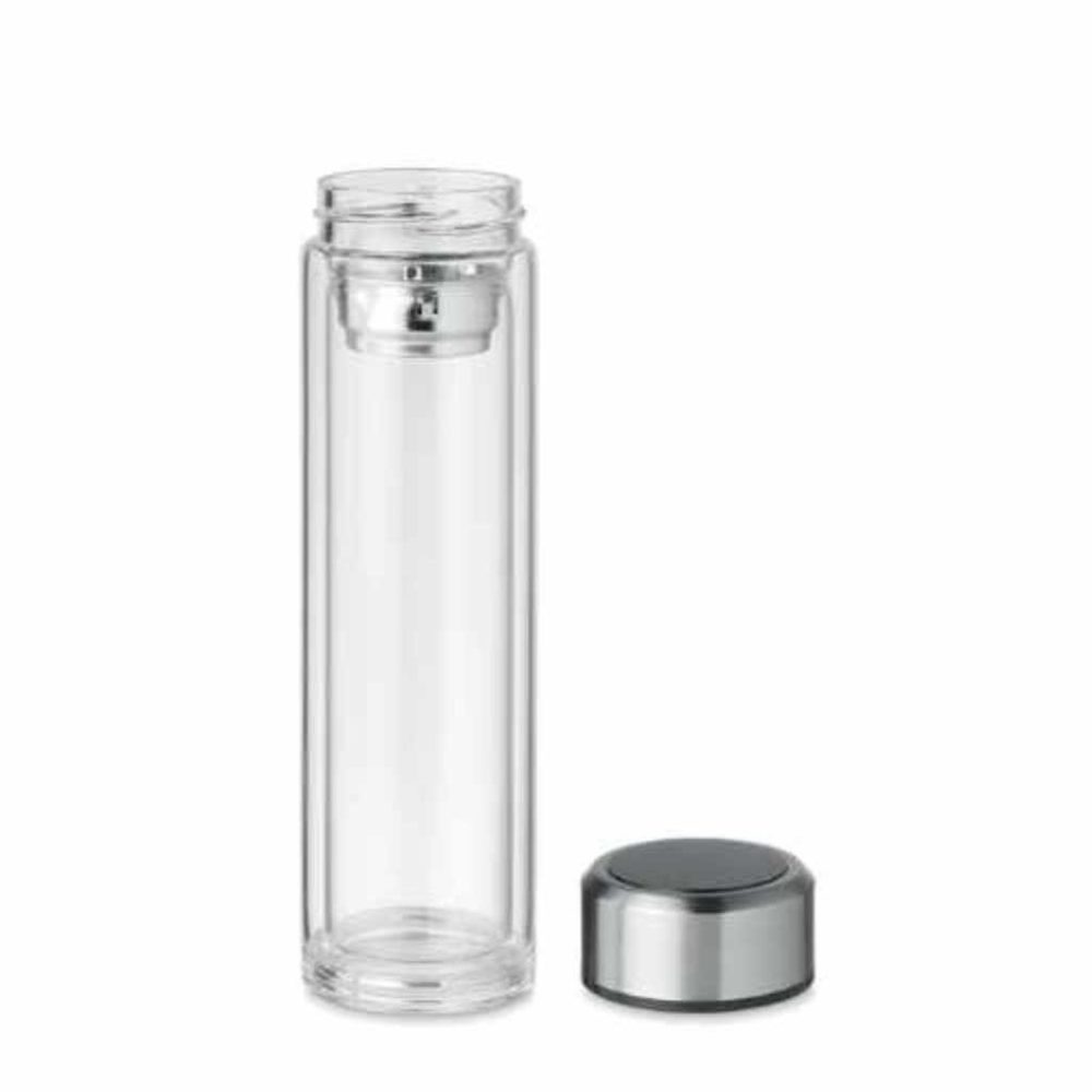 Isolierflasche aus Borosilikat-Glas mit Temperaturanzeige geöffnet